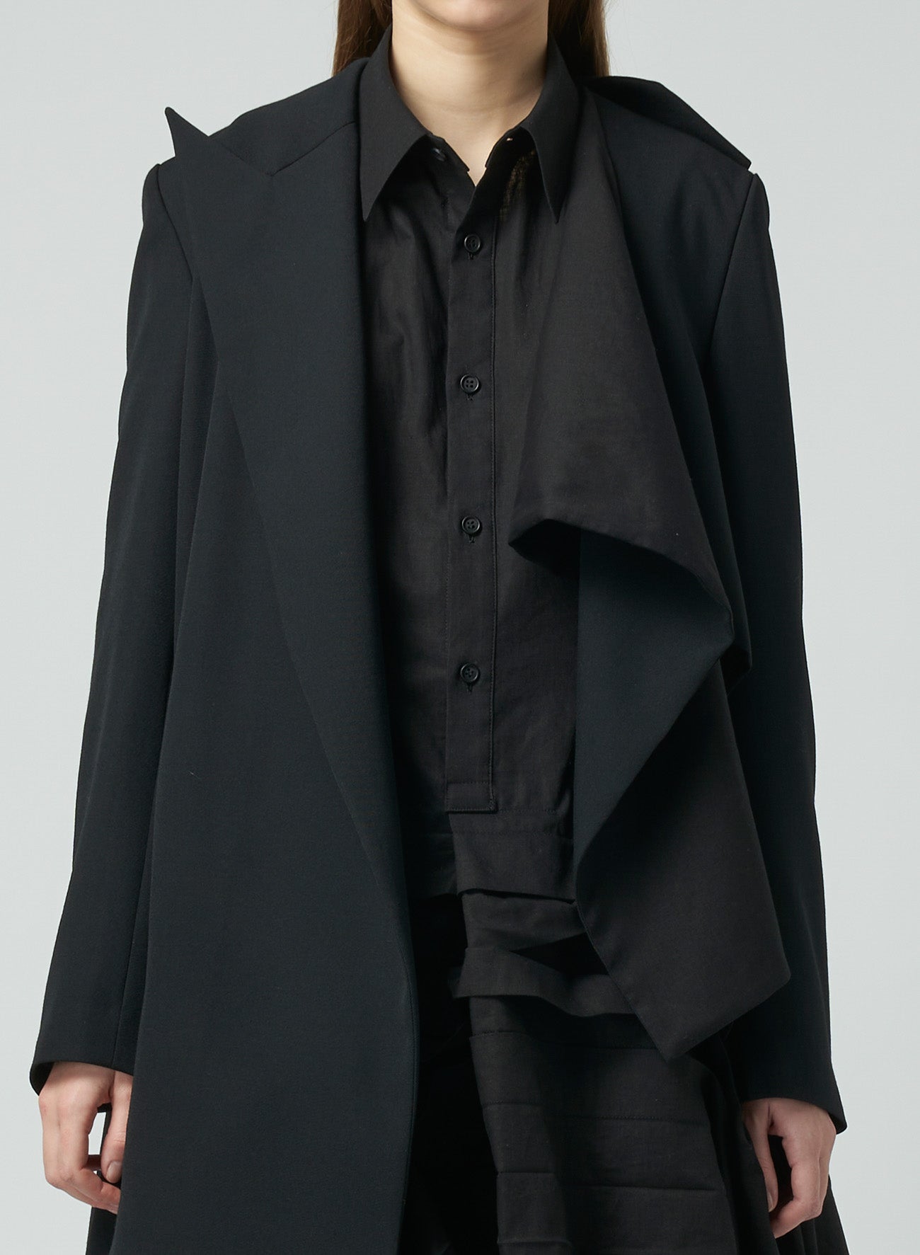 WOOL GABARDINE ASYMMETRIC LONG JACKET