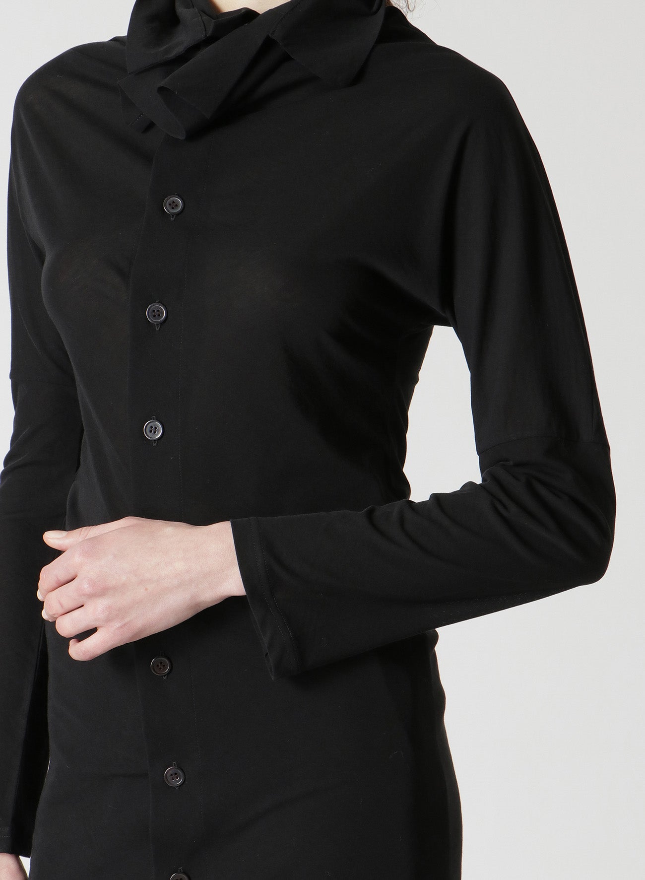 COSMORAMA COTTON DRAPED LONG SLEEVE BUTTON-UP TURTLENECK TOP