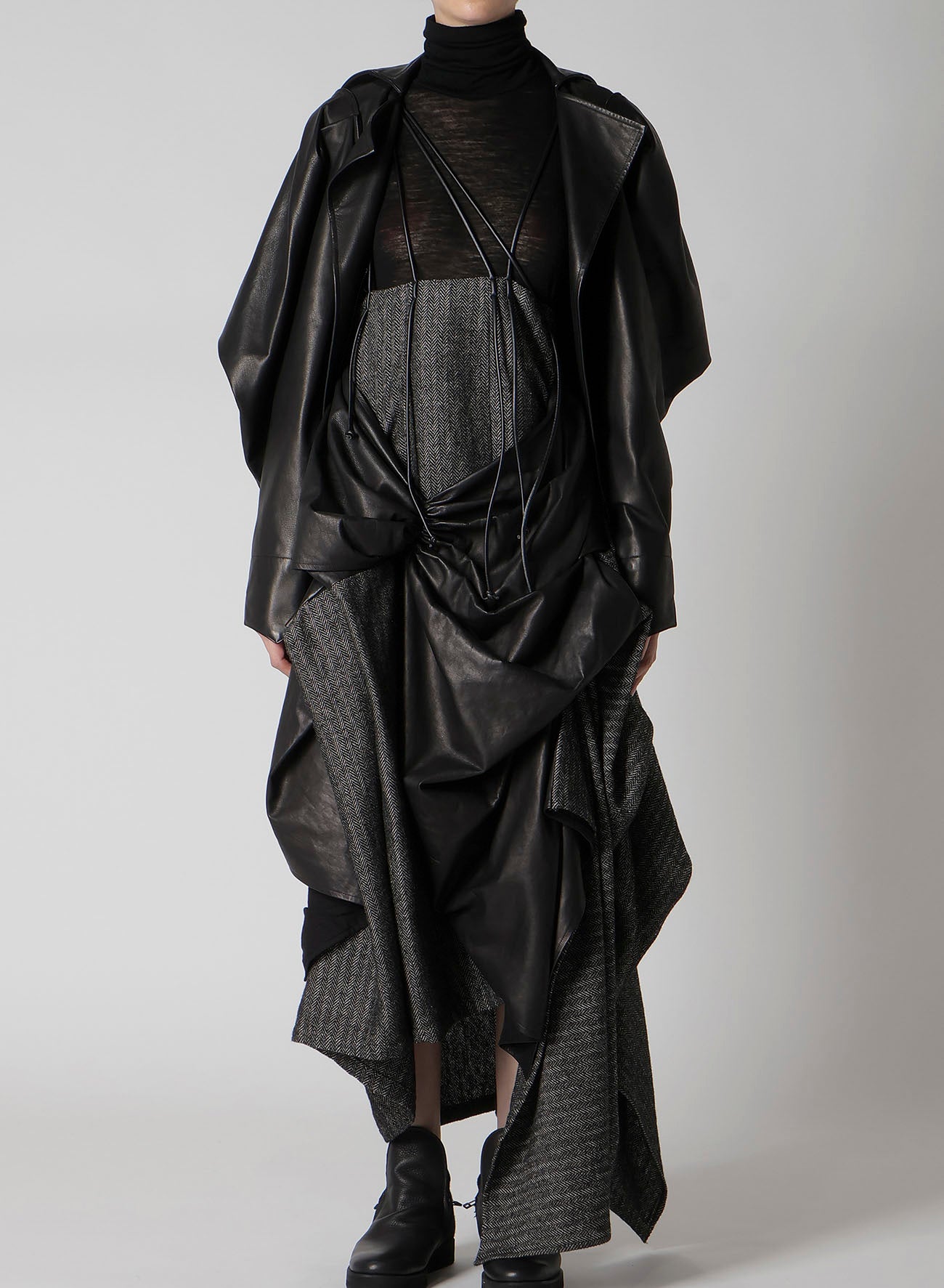 HORSE LEATHER TUCKED SLV BELTED JACKET