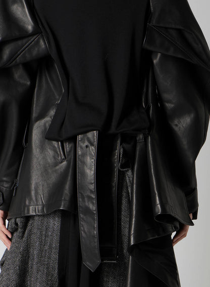 HORSE LEATHER TUCKED SLV BELTED JACKET