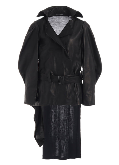 HORSE LEATHER TUCKED SLV BELTED JACKET