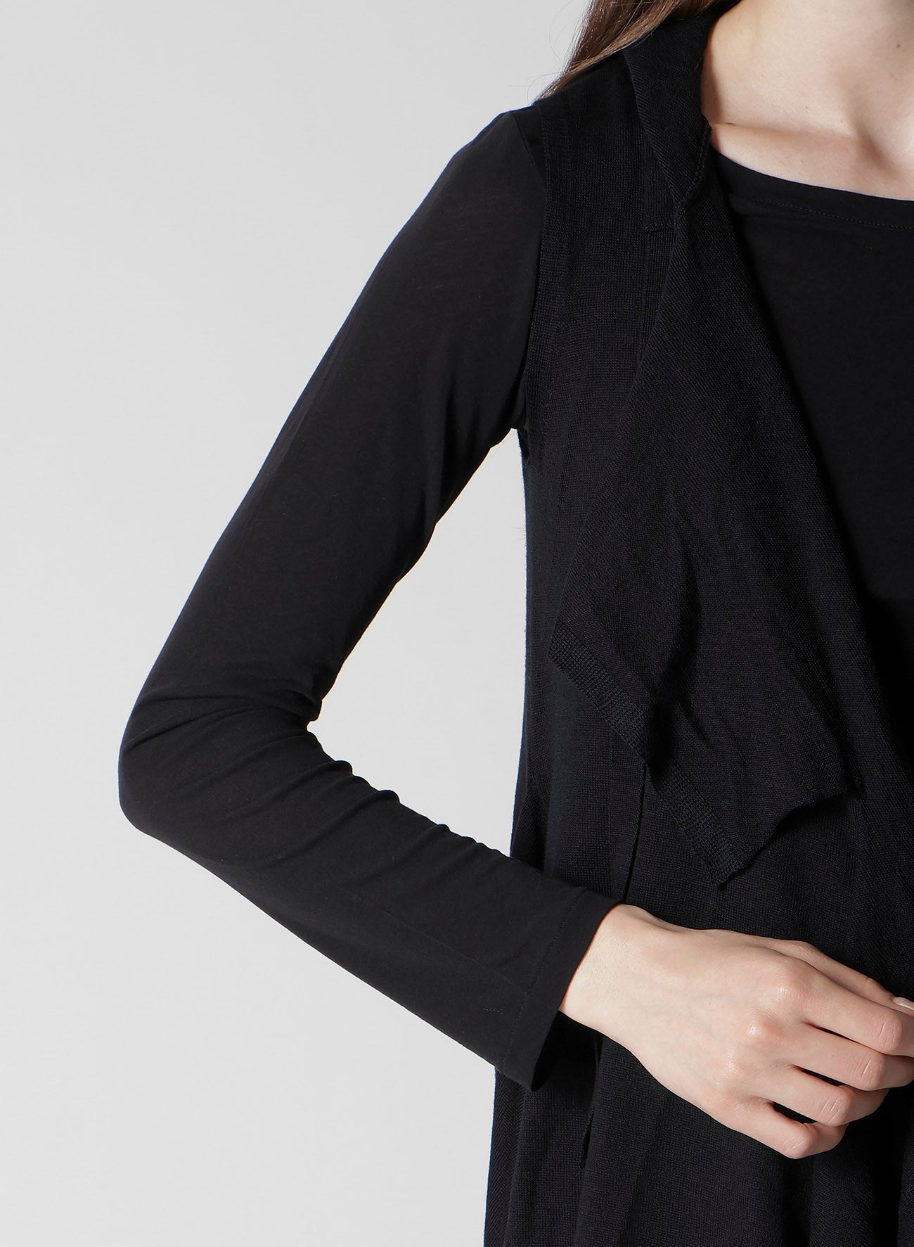 PLAIN STITCH+RIB DRAPED HOODIE VEST