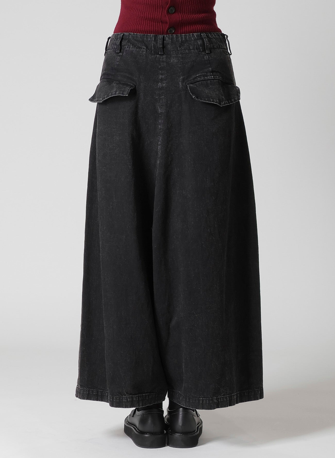 PERMANGANATE BLEACHED DENIM BACKSIDE FLARED WIDE PANTS