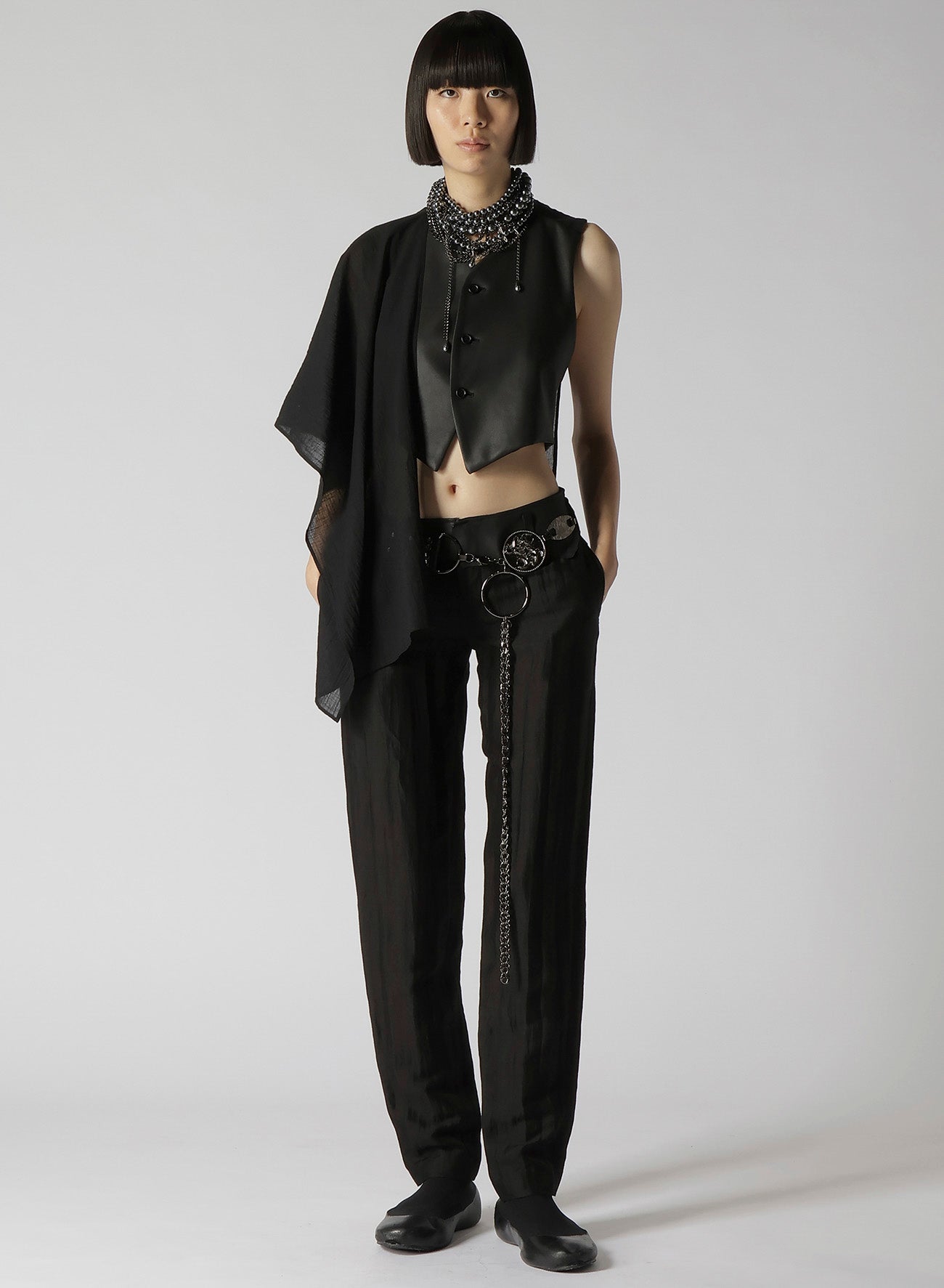 HIGH TWISTED GABARDINE LEATHER DETAIL PANTS