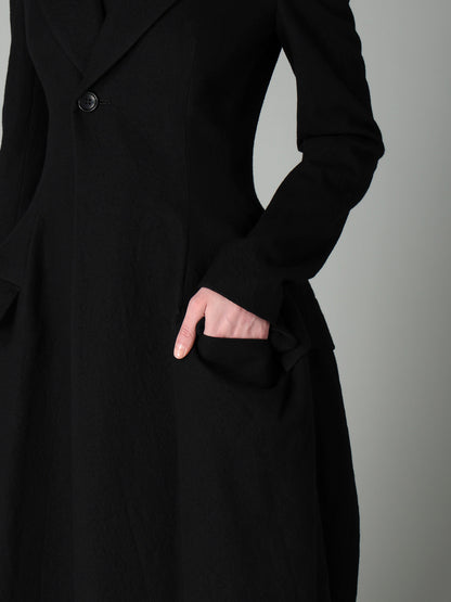 MILLED GABARDINE PEAKED FLARE LONG COAT