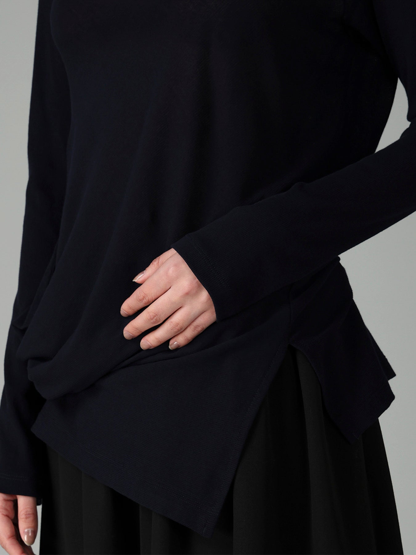 HIGH TWISTED RIB WAIST GATHERED LONG SLV T