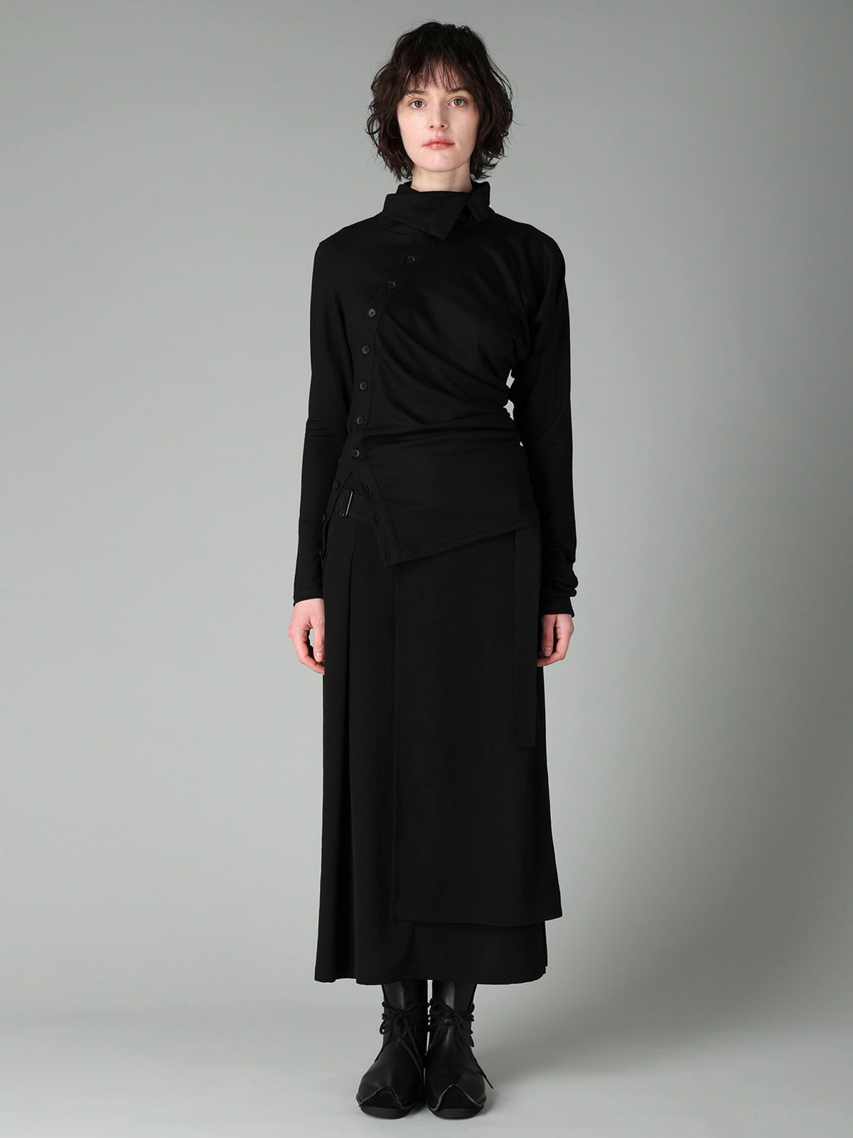 100S WOOL SINGLE DIGONAL BUTTON GATHERED T
