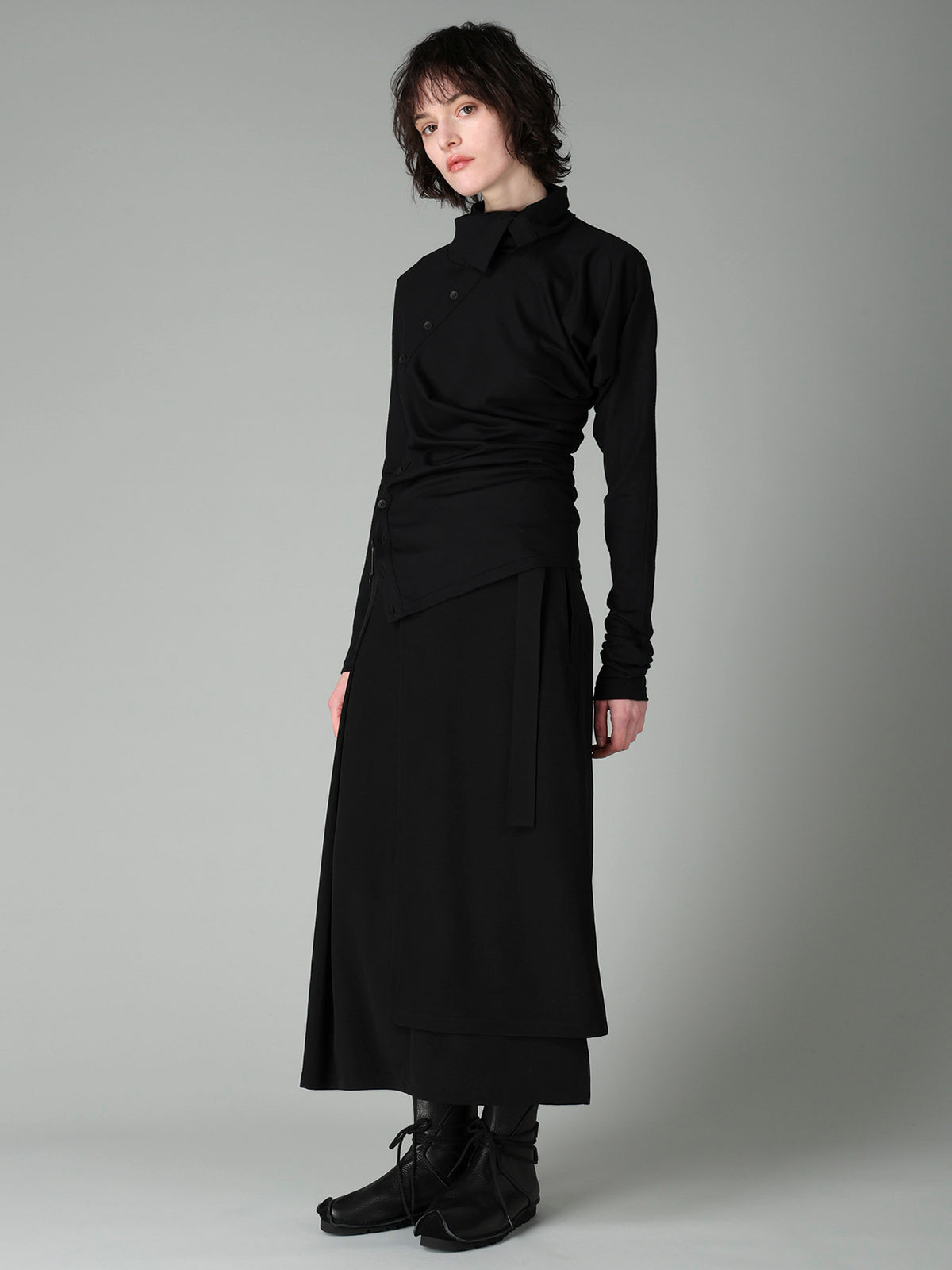 100S WOOL SINGLE DIGONAL BUTTON GATHERED T
