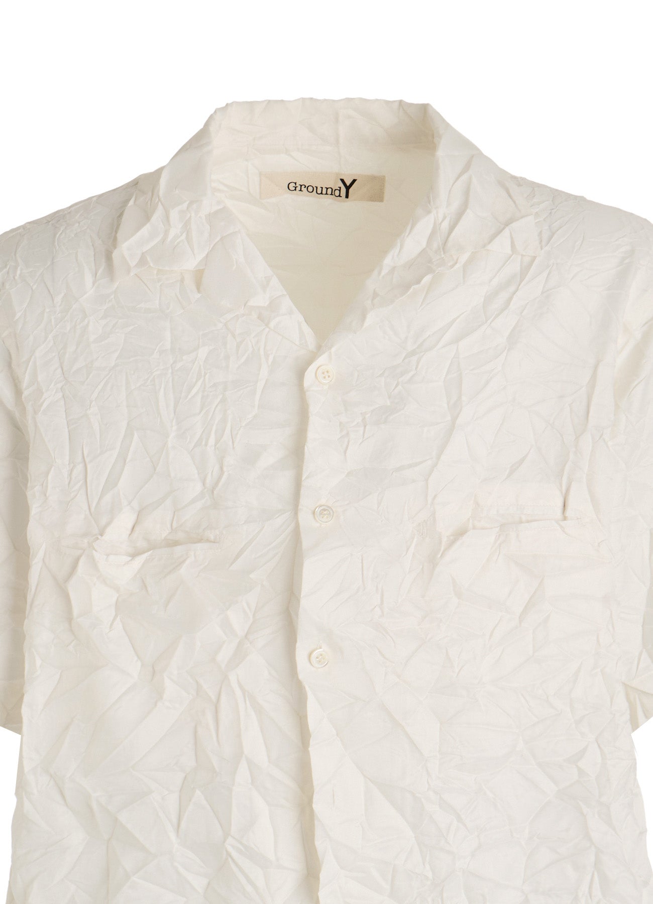 POLYESTER TAFFETA SIDE-GATHER OPEN-COLLAR SHIRT