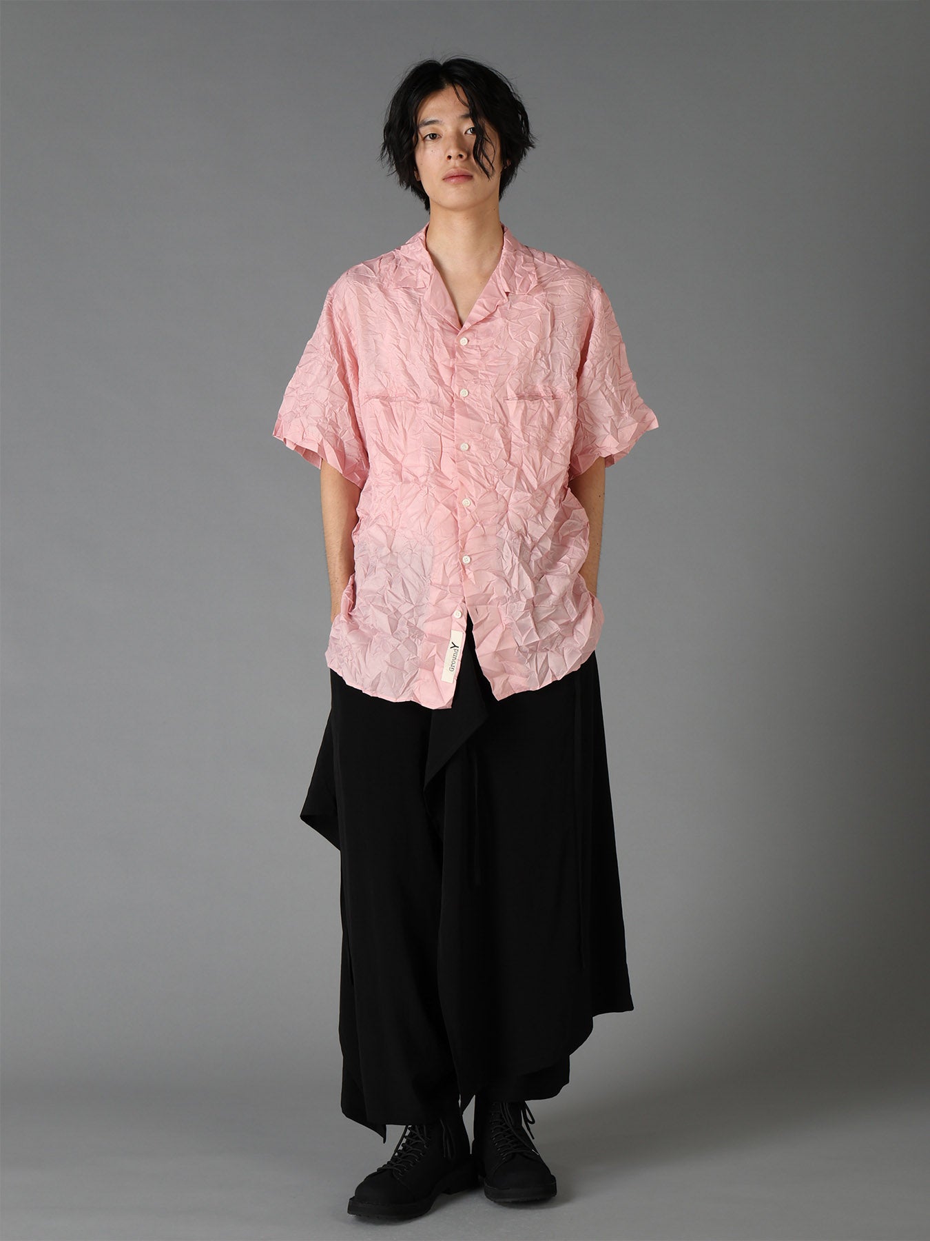 POLYESTER TAFFETA SIDE-GATHER OPEN-COLLAR SHIRT