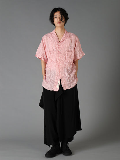POLYESTER TAFFETA SIDE-GATHER OPEN-COLLAR SHIRT