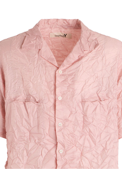 POLYESTER TAFFETA SIDE-GATHER OPEN-COLLAR SHIRT