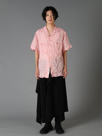 POLYESTER TAFFETA SIDE-GATHER OPEN-COLLAR SHIRT