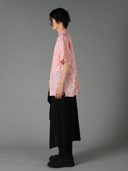 POLYESTER TAFFETA SIDE-GATHER OPEN-COLLAR SHIRT
