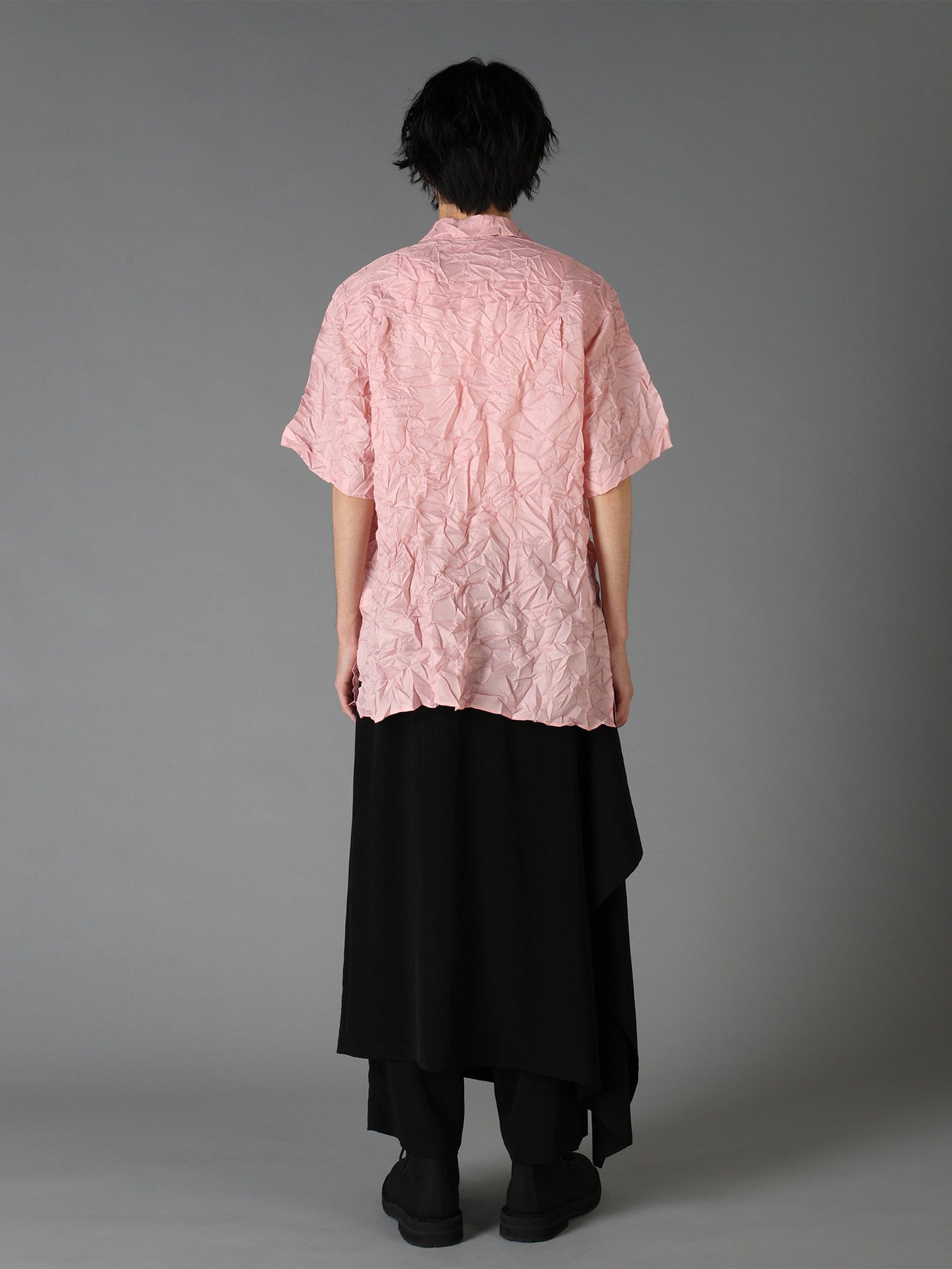 POLYESTER TAFFETA SIDE-GATHER OPEN-COLLAR SHIRT