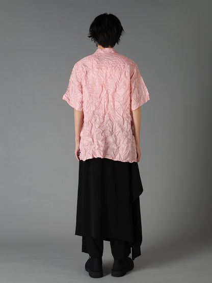 POLYESTER TAFFETA SIDE-GATHER OPEN-COLLAR SHIRT