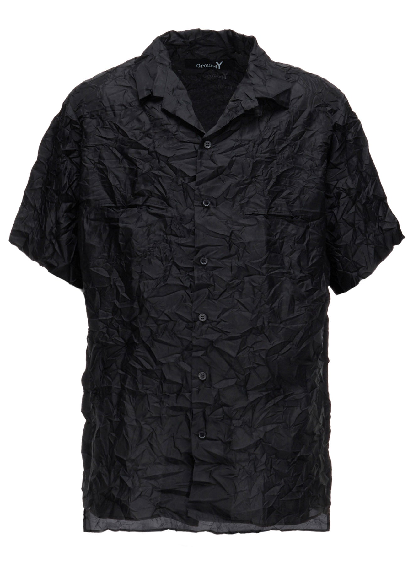POLYESTER TAFFETA SIDE-GATHER OPEN-COLLAR SHIRT