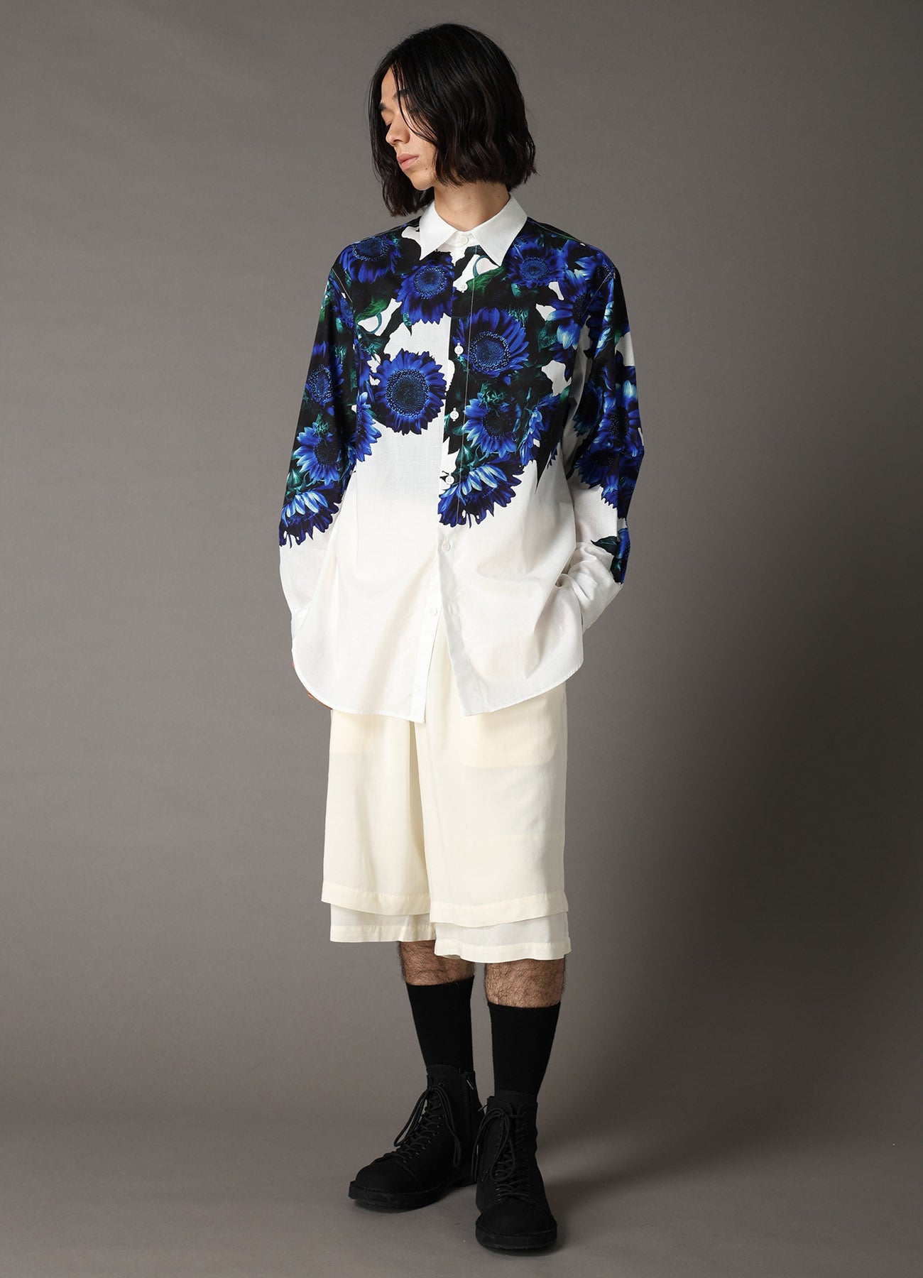 60 LAWN BLUE FLOWER BIG SHIRT