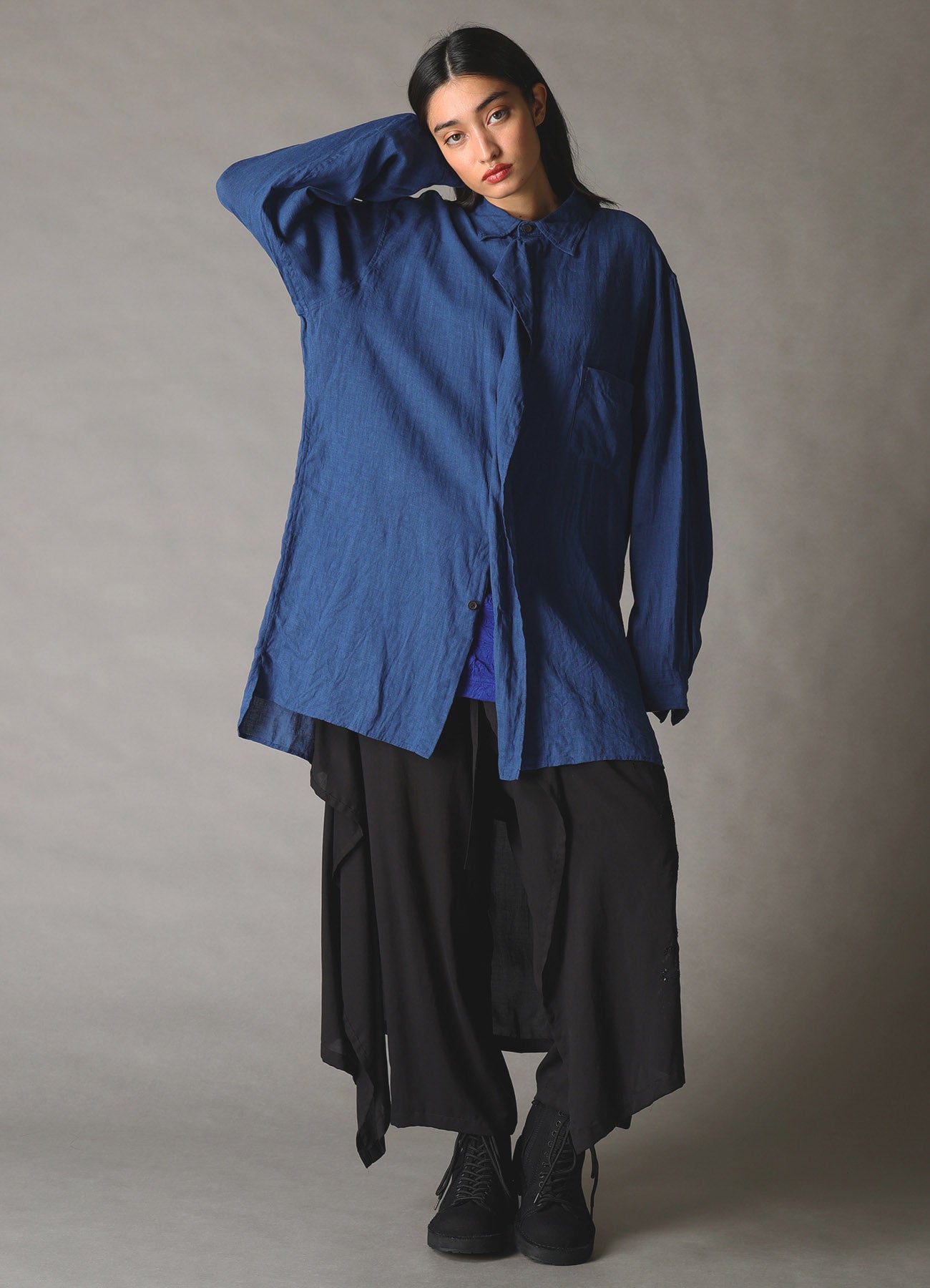 WASHED LINEN CANVAS DRAPE SHIRT