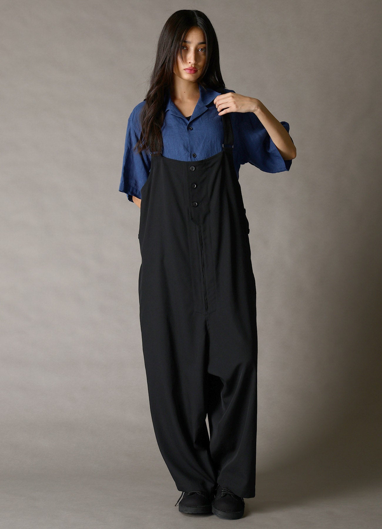 WASHED LINEN CANVAS OPEN COLLAR SHIRT