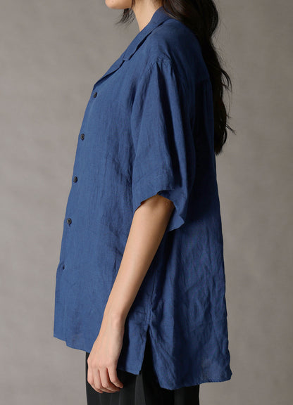 WASHED LINEN CANVAS OPEN COLLAR SHIRT
