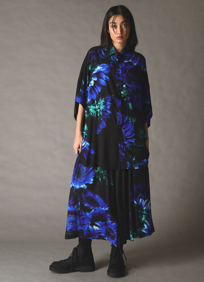 BLUE FLOWER PRINT FRONT DOLMAN BIG SHIRT