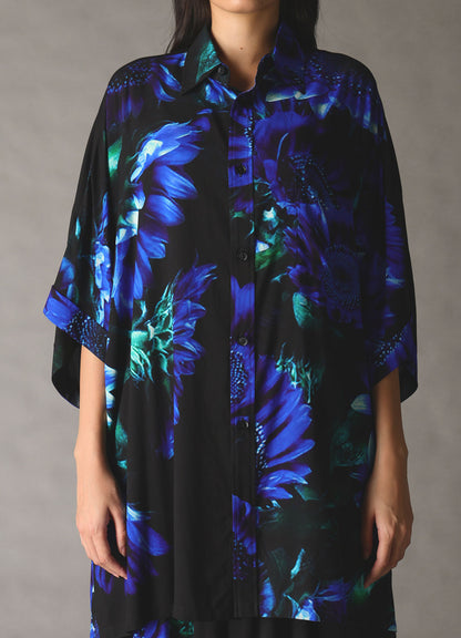 BLUE FLOWER PRINT FRONT DOLMAN BIG SHIRT