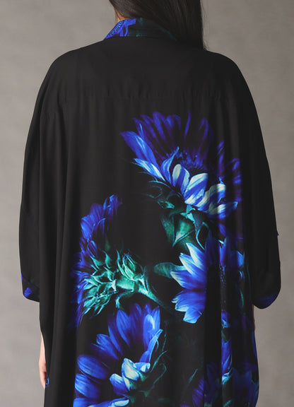 BLUE FLOWER PRINT FRONT DOLMAN BIG SHIRT