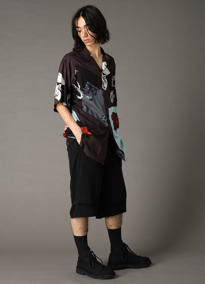 FLORAL PATCHWORK PRINT OPEN-COLLAR SHIRT BROWN
