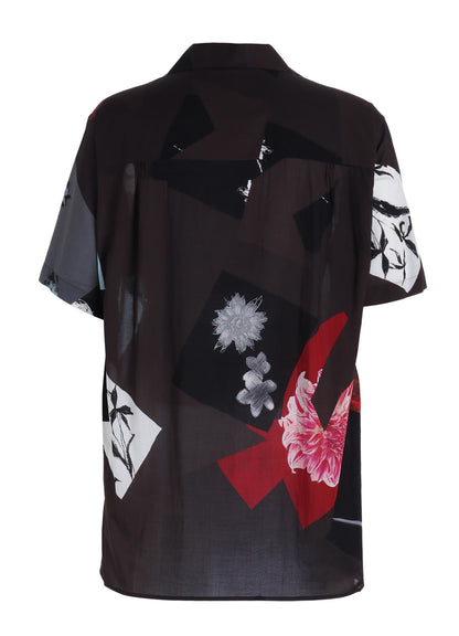 FLORAL PATCHWORK PRINT OPEN-COLLAR SHIRT BROWN