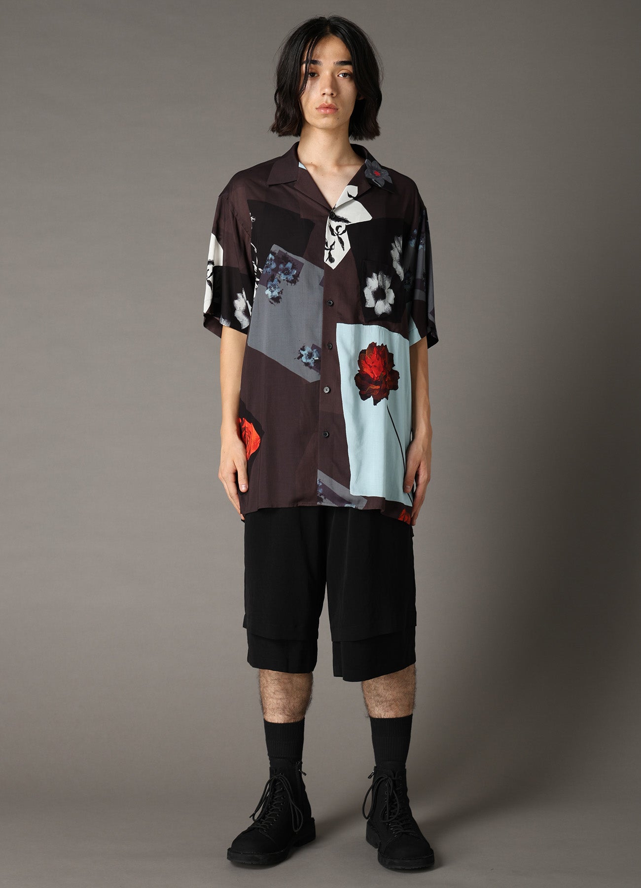 FLORAL PATCHWORK PRINT OPEN-COLLAR SHIRT BROWN