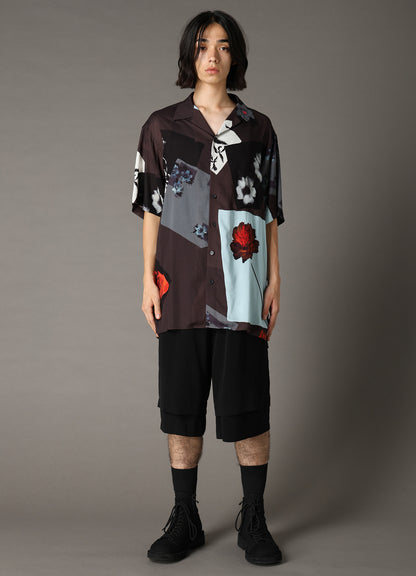 FLORAL PATCHWORK PRINT OPEN-COLLAR SHIRT BROWN