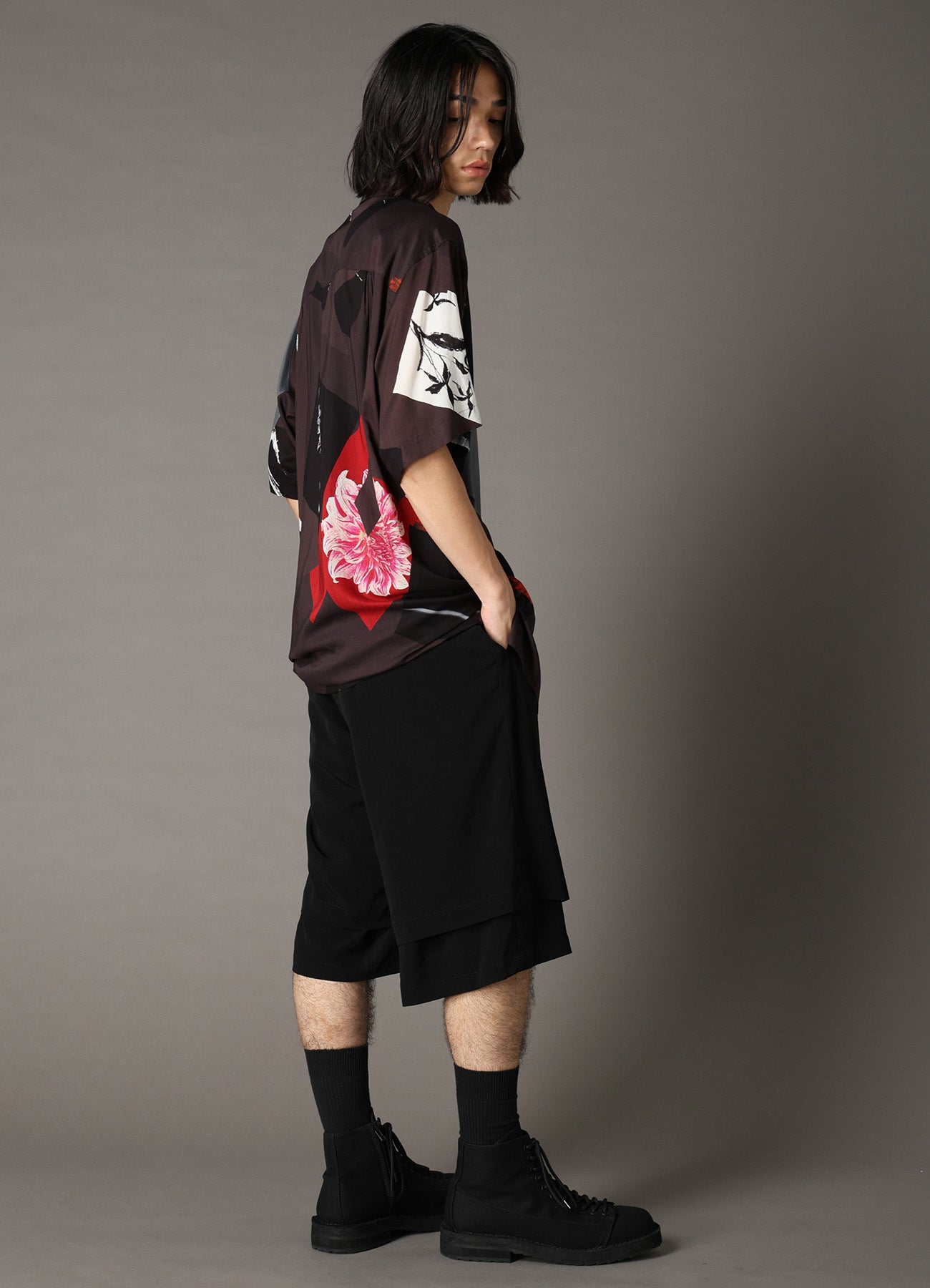 FLORAL PATCHWORK PRINT OPEN-COLLAR SHIRT BROWN