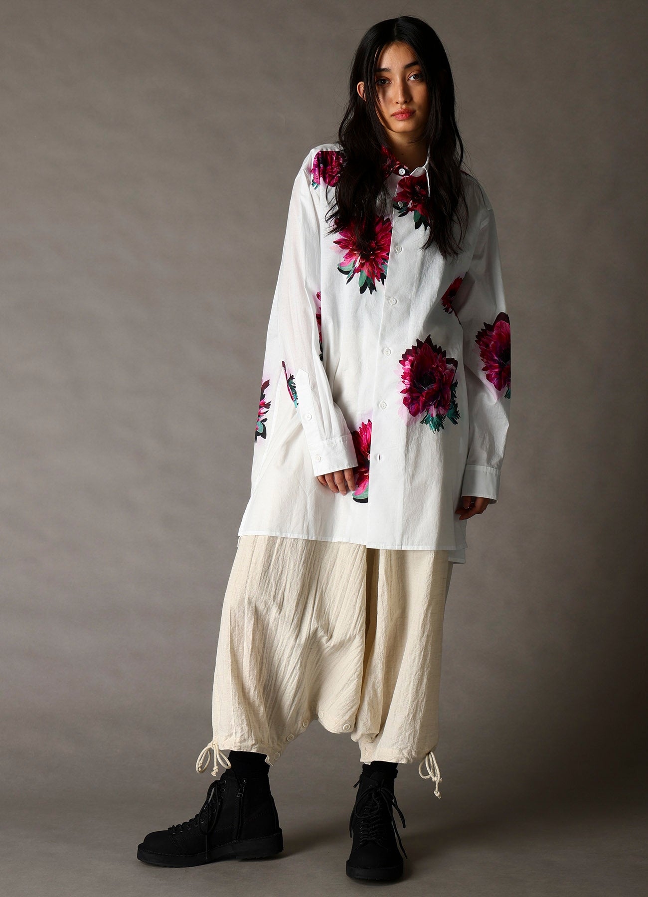 COTTON WOOL FLAX BROAD INSEAM BUTTON SAROUEL PANTS