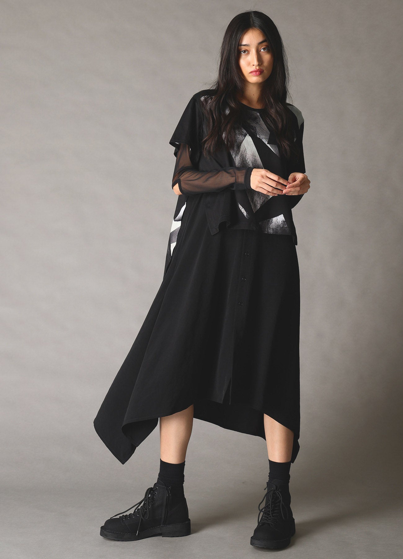 GEOMETRIC CREPE DE CHINE LONG SHIRT LAYERED T