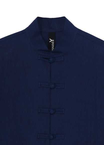 INDIGO DYED COTTON LINEN SHEETING SHAKA BUTTON STAND COLLAR SHIRT