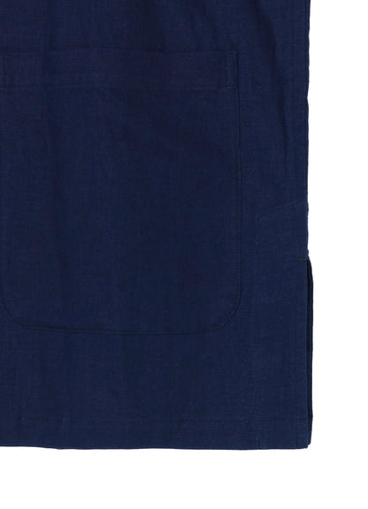 INDIGO DYED COTTON LINEN SHEETING SHAKA BUTTON STAND COLLAR SHIRT