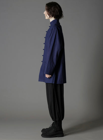 INDIGO DYED COTTON LINEN SHEETING SHAKA BUTTON STAND COLLAR SHIRT