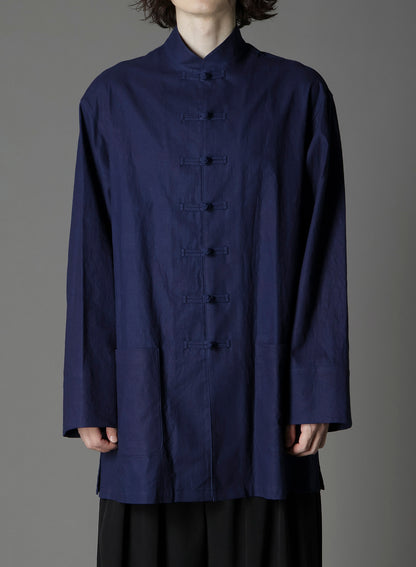 INDIGO DYED COTTON LINEN SHEETING SHAKA BUTTON STAND COLLAR SHIRT