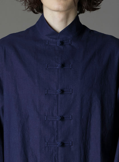 INDIGO DYED COTTON LINEN SHEETING SHAKA BUTTON STAND COLLAR SHIRT