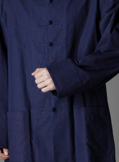 INDIGO DYED COTTON LINEN SHEETING SHAKA BUTTON STAND COLLAR SHIRT