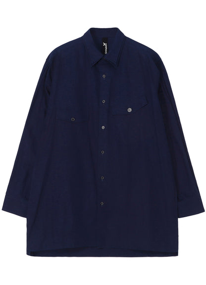 INDIGO DYED COTTON LINEN SHEETING DOUBLE COLLAR SLANTED POCKET SHIRT