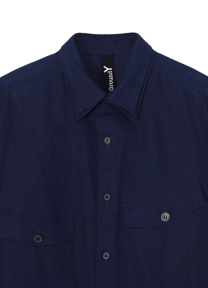 INDIGO DYED COTTON LINEN SHEETING DOUBLE COLLAR SLANTED POCKET SHIRT