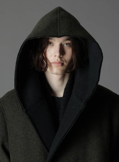 DOUBLE WEAVE MELTON UNRRIMMED HOODED COAT