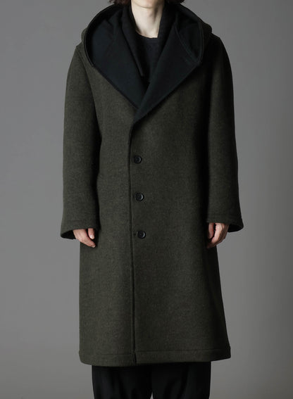 DOUBLE WEAVE MELTON UNRRIMMED HOODED COAT
