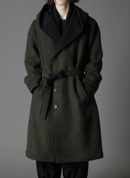 DOUBLE WEAVE MELTON UNRRIMMED HOODED COAT