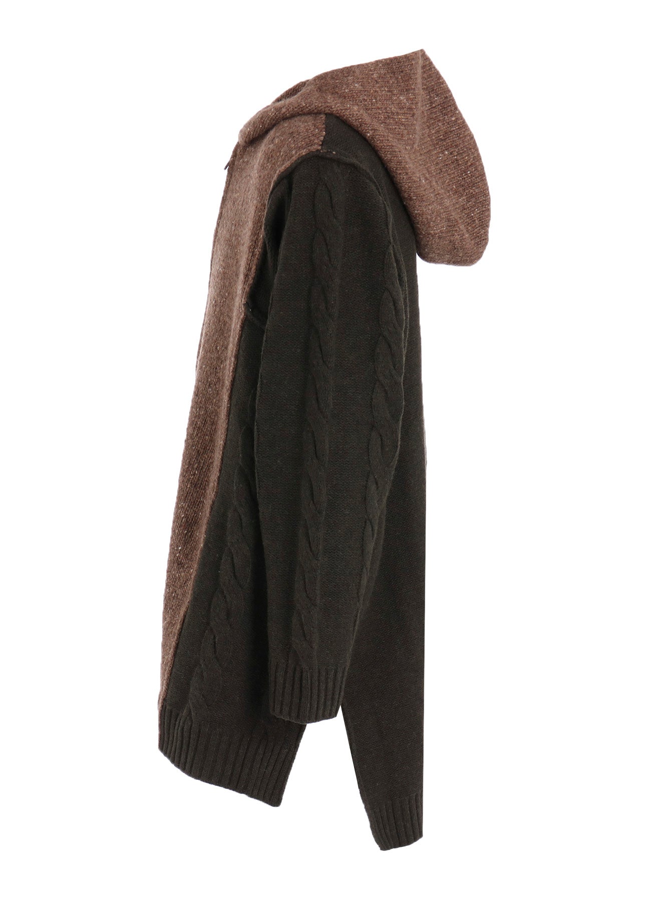 FINE MERINO WOOL CABLE SWITCH UNBALANCE HOODIE