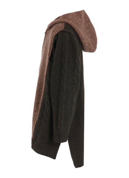 FINE MERINO WOOL CABLE SWITCH UNBALANCE HOODIE