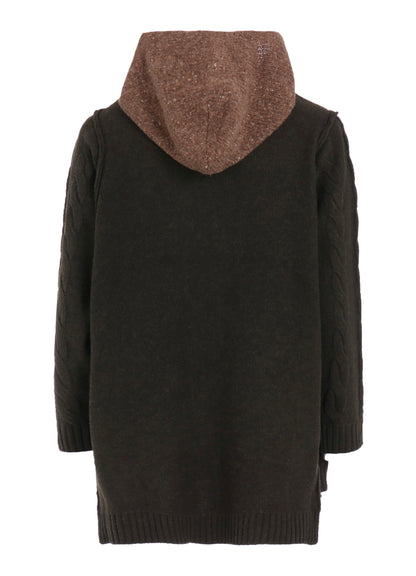 FINE MERINO WOOL CABLE SWITCH UNBALANCE HOODIE