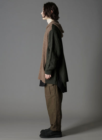 FINE MERINO WOOL CABLE SWITCH UNBALANCE HOODIE